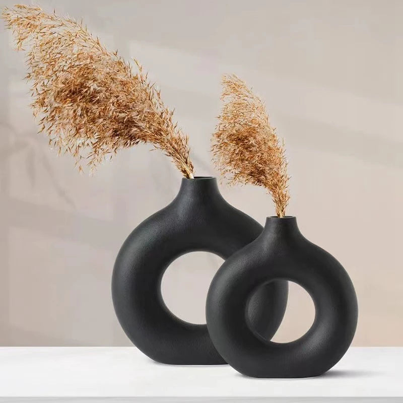 🌸 Vase en Céramique Imitation – Design Donut Blanc Pur pour Fleurs et Décoration Table