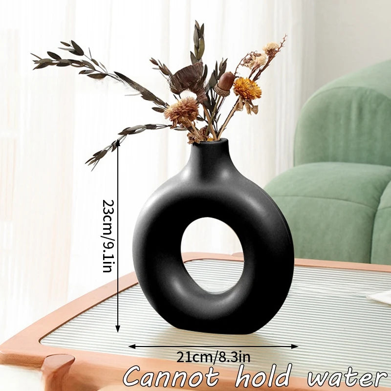 🌸 Vase en Céramique Imitation – Design Donut Blanc Pur pour Fleurs et Décoration Table